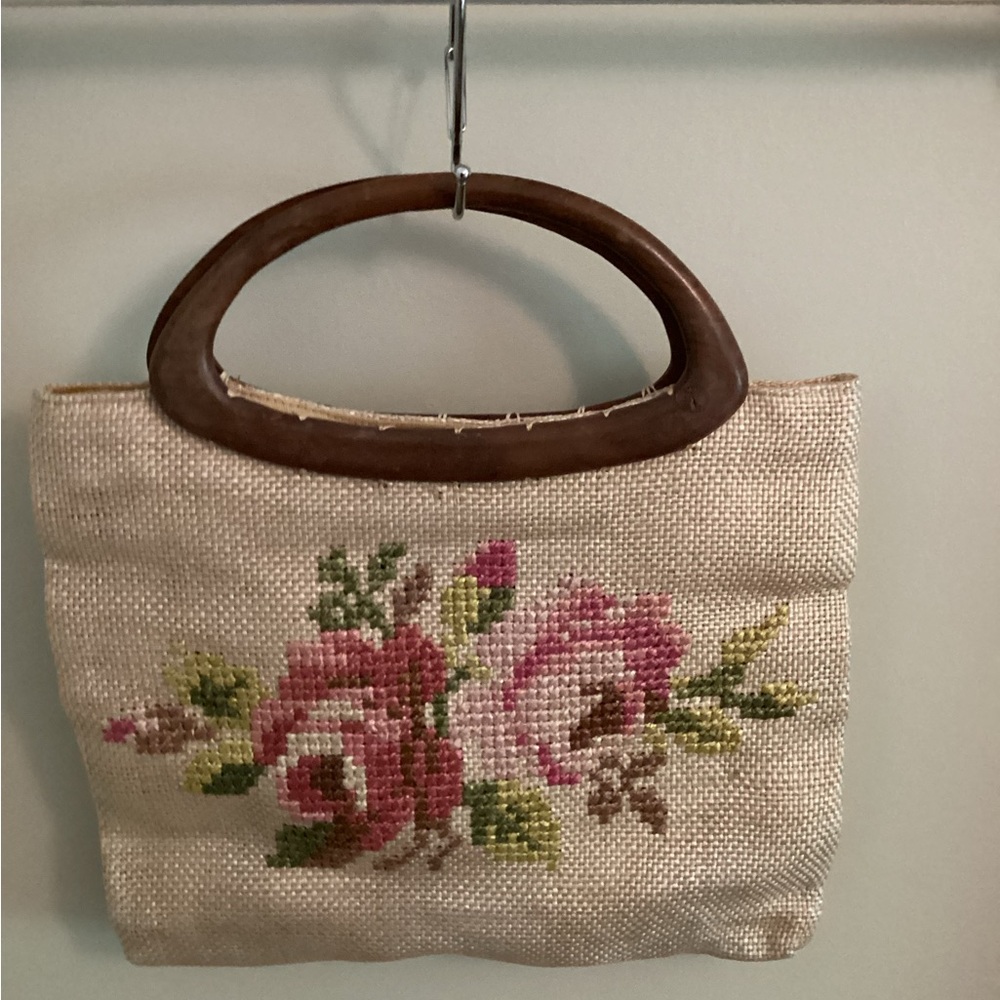 Vintage Floral Needlepoint Tote Bag with Wooden Handles - Pink